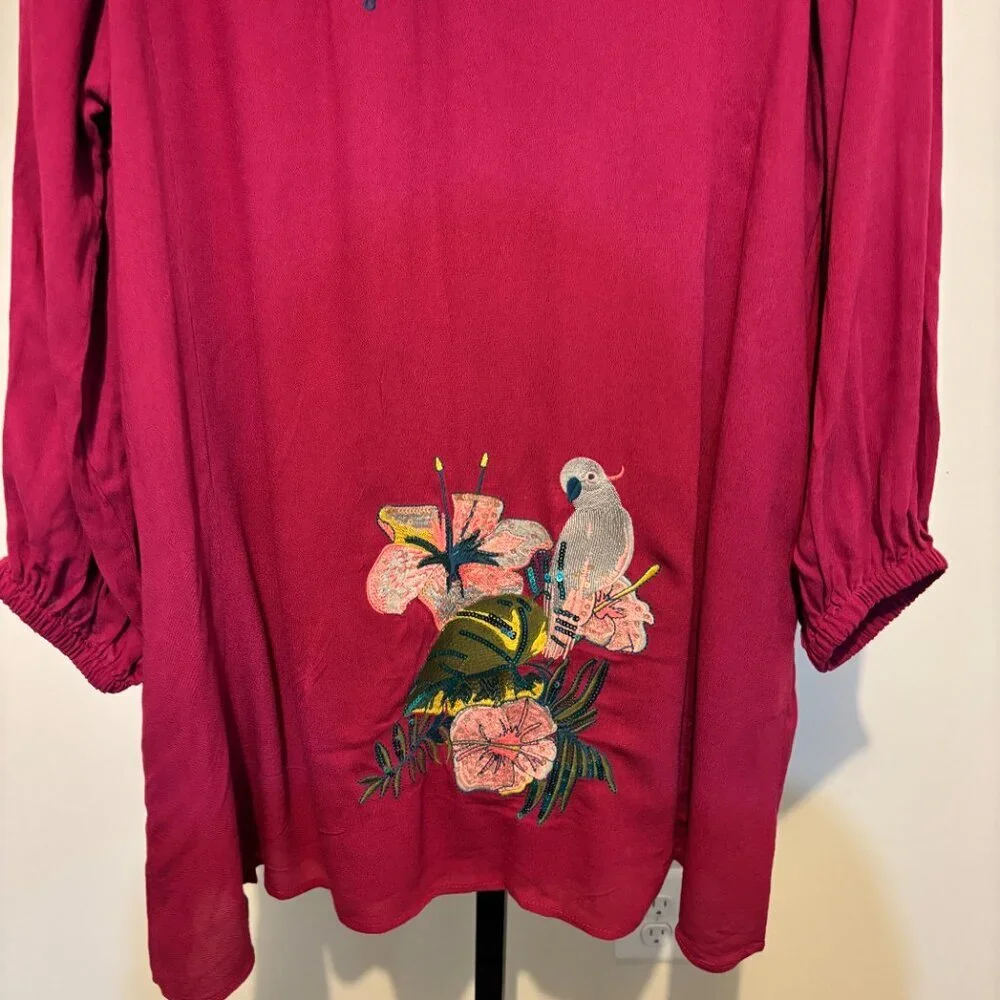 Umgee Burgundy Red Sequin Embroidered Floral Sequin Bird Long Sleeve Dress - Picture 4 of 10